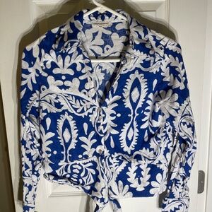 Christian Siriano Cropped Blouse Medium Blue Tie Botanical Long Sleeve Boho Y2K